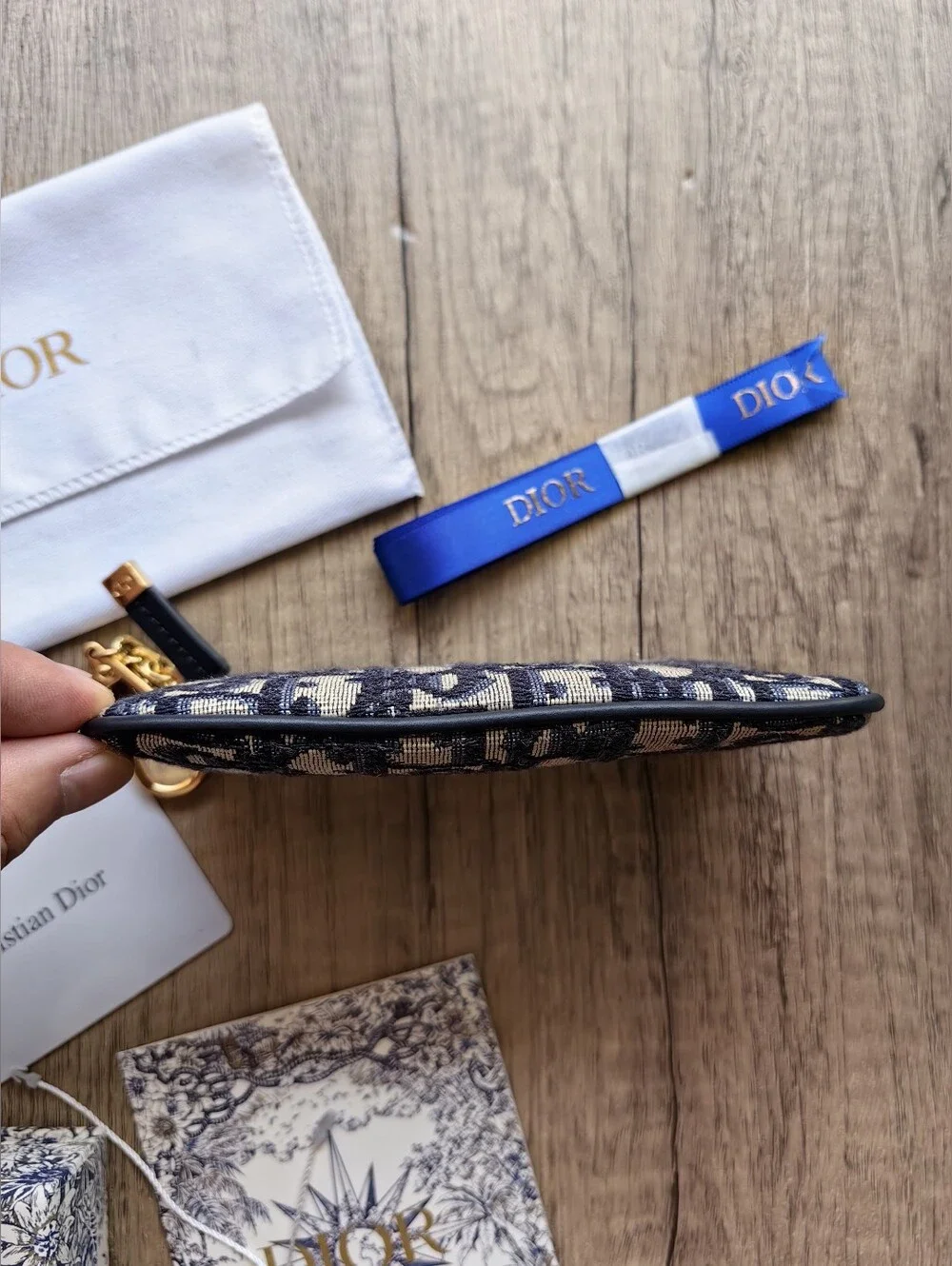Dior Navy Blue and Cream Oblique Canvas Card Pouch with Gold Hardware